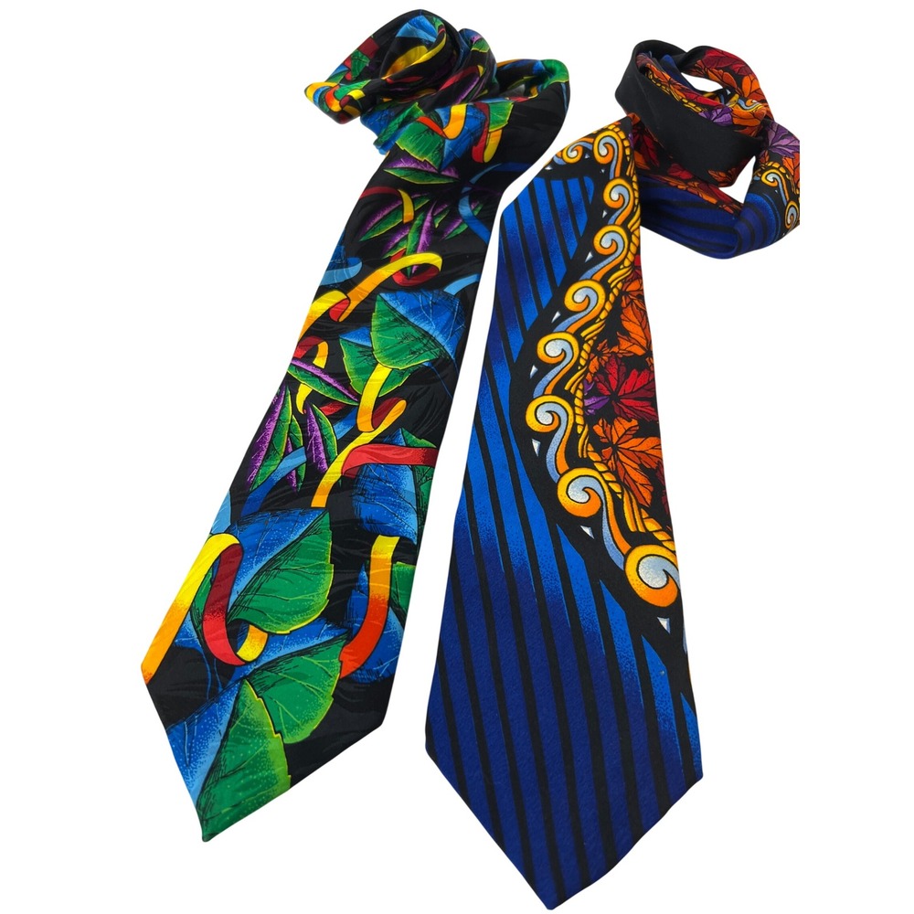 Rush Limbaugh No Boundaries Collection Silk Tie Lot 2 Vintage Abstract Leaf Blue